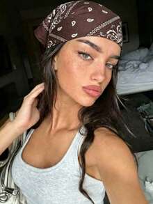1PC Fashion Paisley Print Novelty Handkerchief Hair Band Denim Bohemian Style Suitable For All Seasons Square Scarf - Coffee - View 1