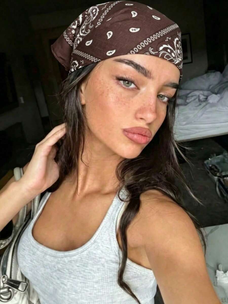 1PC Fashion Paisley Print Novelty Handkerchief Hair Band Denim Bohemian Style Suitable For All Seasons Square Scarf - Coffee - View 1