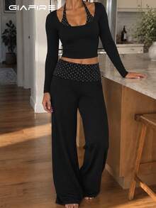 Women Fall Winter 2 Pieces Set, Long Sleeve Top & Polka Dot Wide Leg Pants, High Stretch, Y2K, FWTrends - Black - View 2