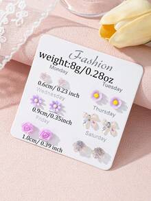 6 Pairs Purple Tone Stud Earrings Set, Bow, Rose, Daisy Mixed Fresh Combination Earrings, Women's Jewelry For Daily Wear, Party, Gathering, Gift - Mauve Purple - View 5