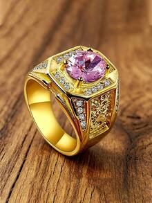 1pc 18K Gold Plated Stainless Steel Men's Ring Inlaid With Cubic Zirconia Vintage Luxury Seal Ring For Daily Wear Party Gift - Ring - View 3