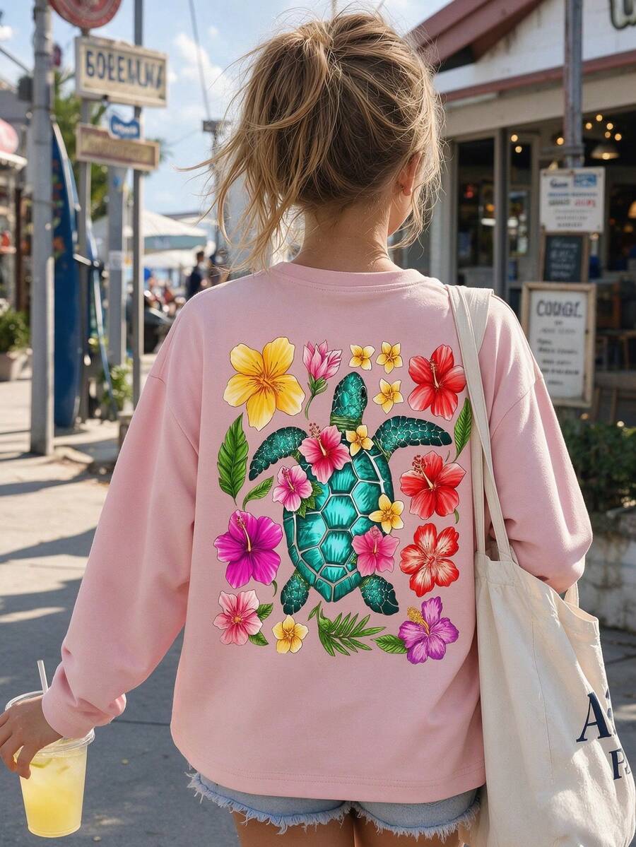 青少年女孩長袖T恤,熱帶海龜與扶桑花背部印花,休閒日常上衣,適合秋冬穿著 - 粉色 - 查看 1