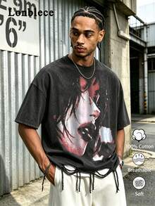 1pc Men's Distressed Washed Anime Girl Portrait Print Loose Fit T-Shirt, Tassel Hem Streetwear Short Sleeve - Black - View 1