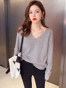 女士秋冬简约V领百搭套头毛衣 - 淺灰色 - 查看 6