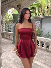 Robe mini sexy en satin pour femme, sans bretelles, dos nu, à nouer, style gâteau, pour l'automne, soirée, robe de soirée, tenue de vacances, invitée de mariage - Rouge foncé - Voir 6