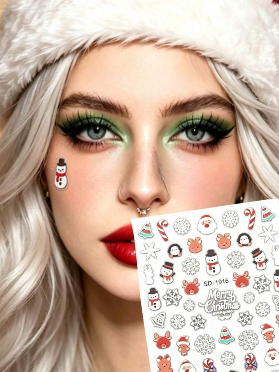 1pc Autumn/Winter Christmas Popular New Snowflake Snowman Reindeer Sticker Face Patch, Y2K Gothic Christmas Style, Suitable For Christmas Concerts, Electronic Music Festivals, Parties, Gatherings, Self-Adhesive - Multicolor - View 1