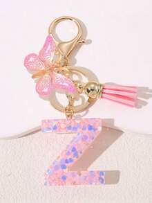 Women's Fashion Initial Keychain With Cute Butterfly Tassel Sequin Resin Letter Key Ring Pendant, Backpack Wallet Handbag Car Key Chain Charm, Valentine's Day Gift For Girlfriend - Pink - View 36