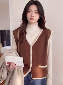 Alicedudu Women's Casual V-Neck Colorblock Sweater Vest, Spring And Autumn Fall - Brown - View 5