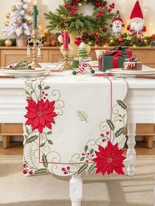ABEST6522 Home&Living store 1 buah Taplak Meja Bordir Poinsettia Natal, Campuran Poliester dan Linen, Bendera Meja Meriah, Dekorasi Meja Makan Liburan Natal untuk Pesta Pernikahan dan Dekorasi Rumah - MultiWarna - View 4