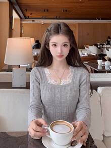 Women's Ribbed Knit Pullover Sweater, Contrast Color Lace Square Neck Long Sleeve, Autumn/Winter Essential - Gray - View 6