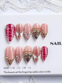 10pcs/Set Ujung Kuku Lancip Buatan Tangan, Gaya Y2K, Musim Gugur/Dingin, Warna Nude dengan Motif Ular Fuchsia Tie Dye, Manik-manik Emas Motif Leopard Jala dan Dekorasi Rhinestone, Kuku Palsu Dekoratif Elegan, Cocok untuk Pesta dan Pemakaian Sehari-hari, Termasuk Set Alat, Hadiah Sempurna untuk Wanita, Perlengkapan Seni Kuku - MultiWarna - View 1