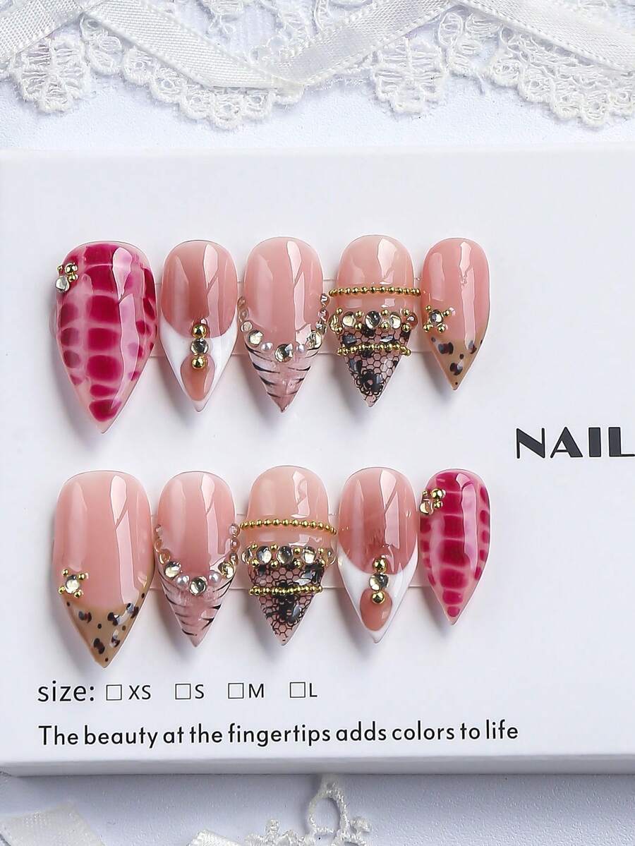10pcs/Set Ujung Kuku Lancip Buatan Tangan, Gaya Y2K, Musim Gugur/Dingin, Warna Nude dengan Motif Ular Fuchsia Tie Dye, Manik-manik Emas Motif Leopard Jala dan Dekorasi Rhinestone, Kuku Palsu Dekoratif Elegan, Cocok untuk Pesta dan Pemakaian Sehari-hari, Termasuk Set Alat, Hadiah Sempurna untuk Wanita, Perlengkapan Seni Kuku - MultiWarna - View 1