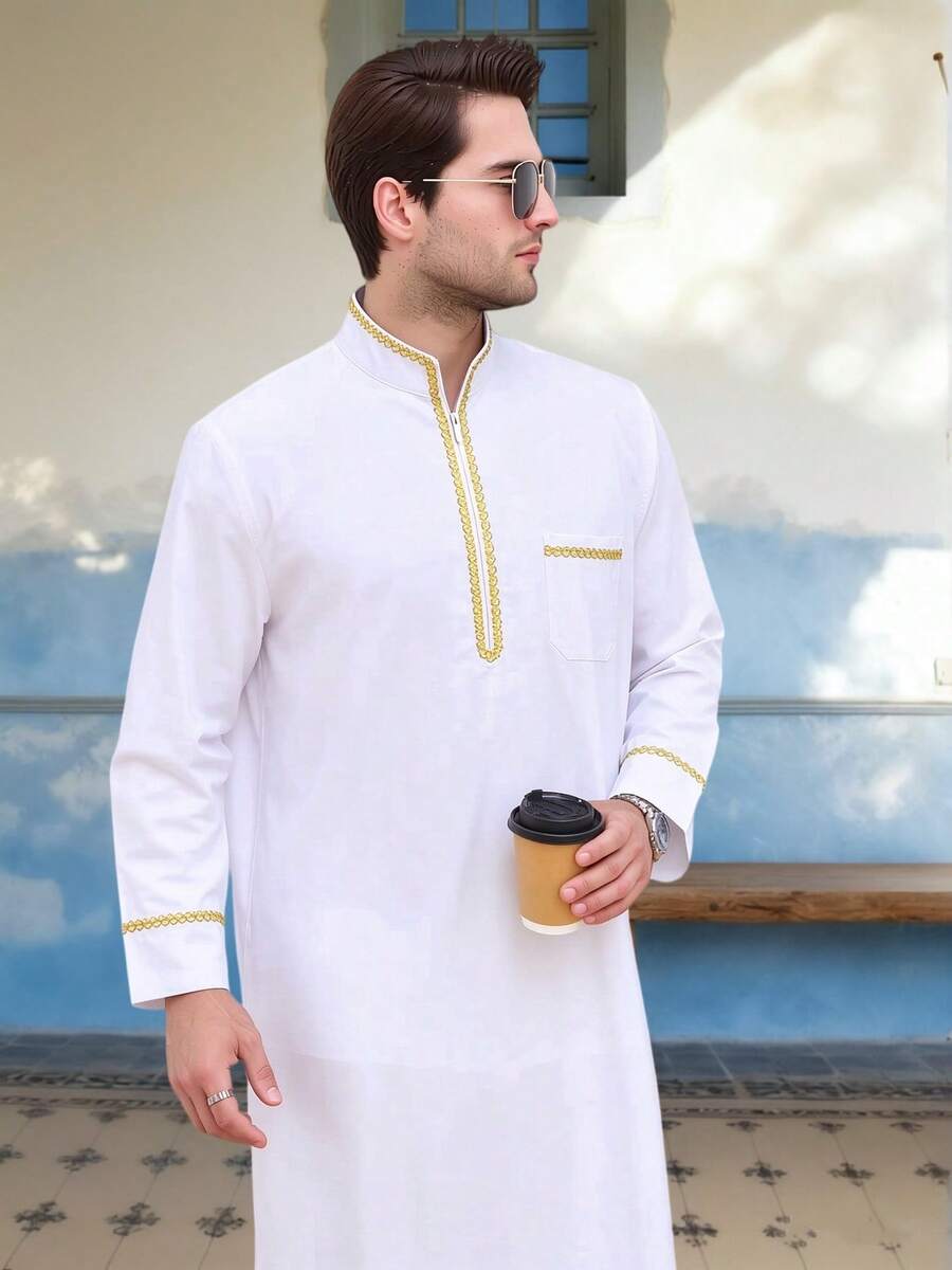 1pc White Men's Arabic Robe - Elegant Long Sleeve Islamic Arabic Robe, Stand Collar Gold Woven Trim Contrast Design, Comfortable Fabric, Loose Fit Traditional Middle Eastern Clothing, Suitable For Halloween, Ramadan, Wedding And Other Festival Occasions