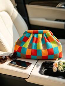 Fashionable New Pleated Plaid Cloud Clasp Clutch Bag, Large Capacity Makeup Bag, Lightweight Foldable Suitable For Daily Work, Makeup, Party, Vacation, Holiday Gift - Multicolor - View 1