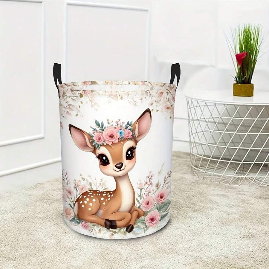 1PC Foldable Cute Floral Deer Print Storage Basket With Handles, Multifunctional Organizer For Clothes Sundries, Home Decor, Room Decor, Bedroom Decor - Multicolor - View 1