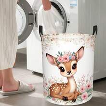 1PC Foldable Cute Floral Deer Print Storage Basket With Handles, Multifunctional Organizer For Clothes Sundries, Home Decor, Room Decor, Bedroom Decor - Multicolor - View 6