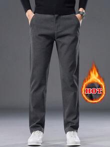 Men's Elastic Waist Slanted Pocket Thermal Lined Warm Casual Long Pants, Autumn/Winter - Dark Grey - View 4