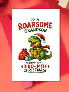 1pc Cheerful Christmas Greeting Card, Dinosaur With Gifts Roarsome Grandson, Suitable For Grandson, Winter Holiday Festive Cartoon Style - Multicolor - View 6
