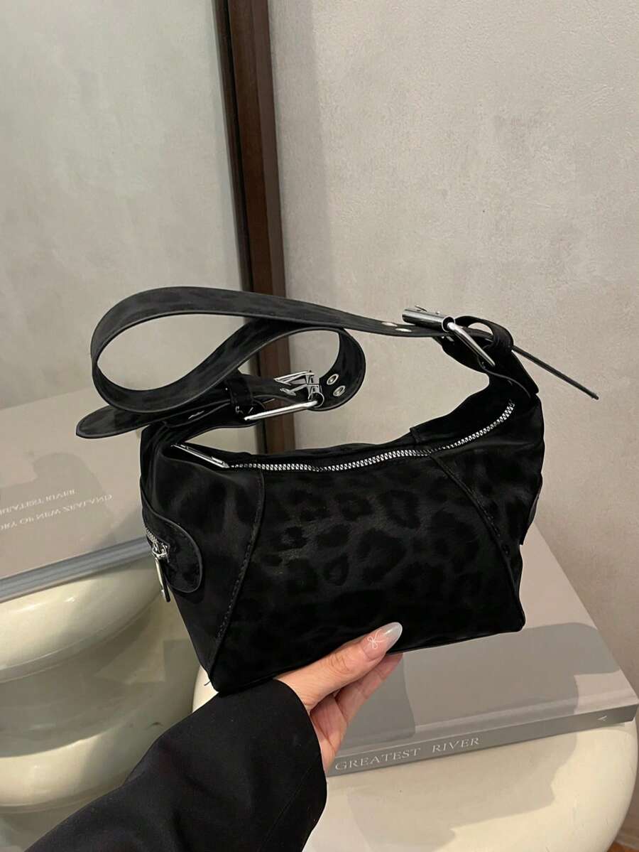 嬉皮風小眾設計皮革拉鍊腋下單肩包 復古歐美風側背包 - 黑色 - 查看 1