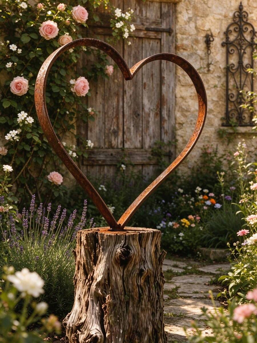 1/2pcs Natural Rusted Metal Heart Garden Stakes, Outdoor Yard Art Decor, New Rust-Colored Heart Sculpture - Rust Brown - View 1