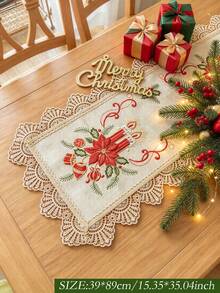 ABEST6522 Home&Living store 1pc Christmas Candle And Poinsettia Embroidered Table Runner, Hollow Carved Design, Vintage Christmas Table Decor, Suitable For Dinner Party, Family Gathering, Home Holiday Decoration - Multicolor - View 19