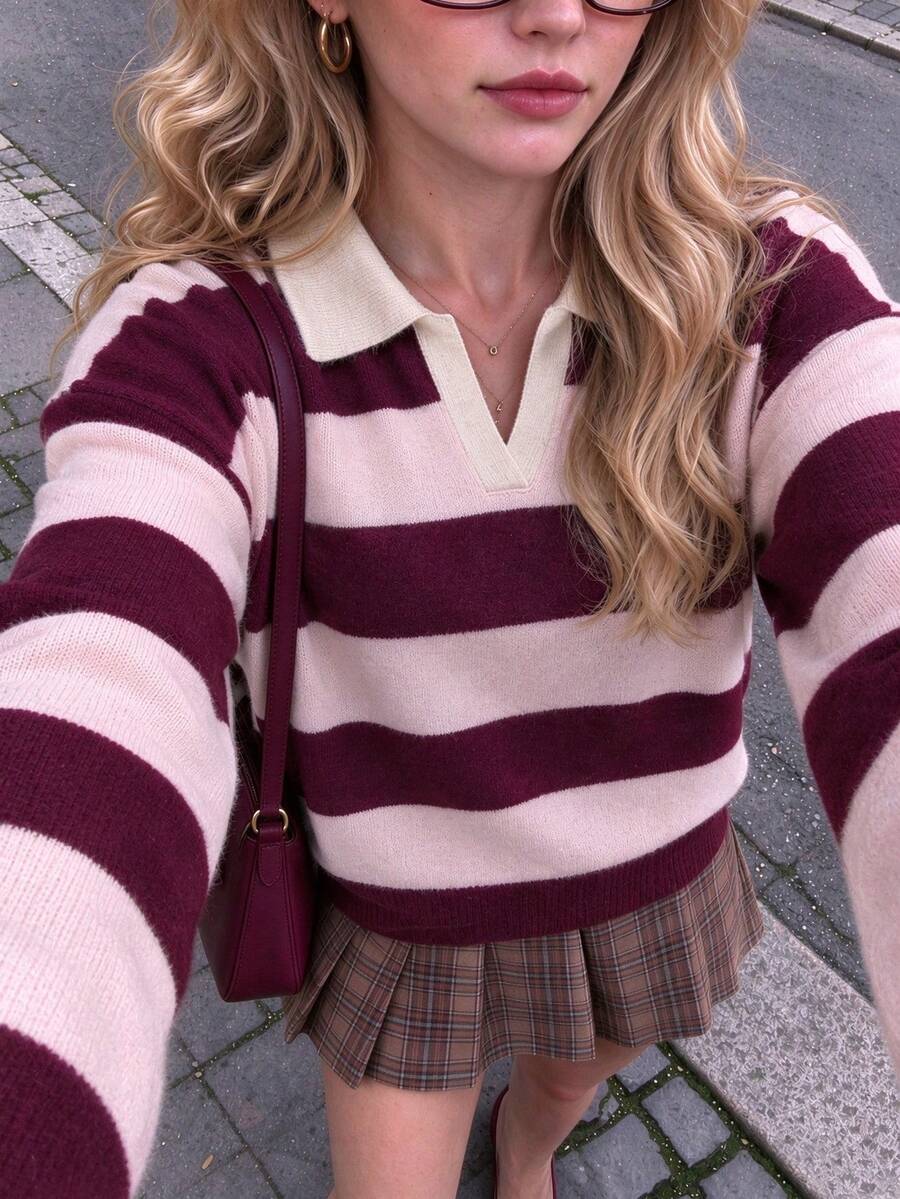 Women's Striped Colorblock Polo Collar Knit Sweater, Pink & Burgundy Long Sleeve Casual Pullover For Fall Winter - Magenta - View 1