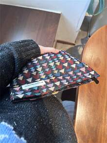 AGG,Colorful Triangle Print Makeup Bag For Women, Large Capacity Canvas Cosmetic Pouch, Portable Travel Zipper Toiletry Storage Organizer Bag - Multicolor - View 10