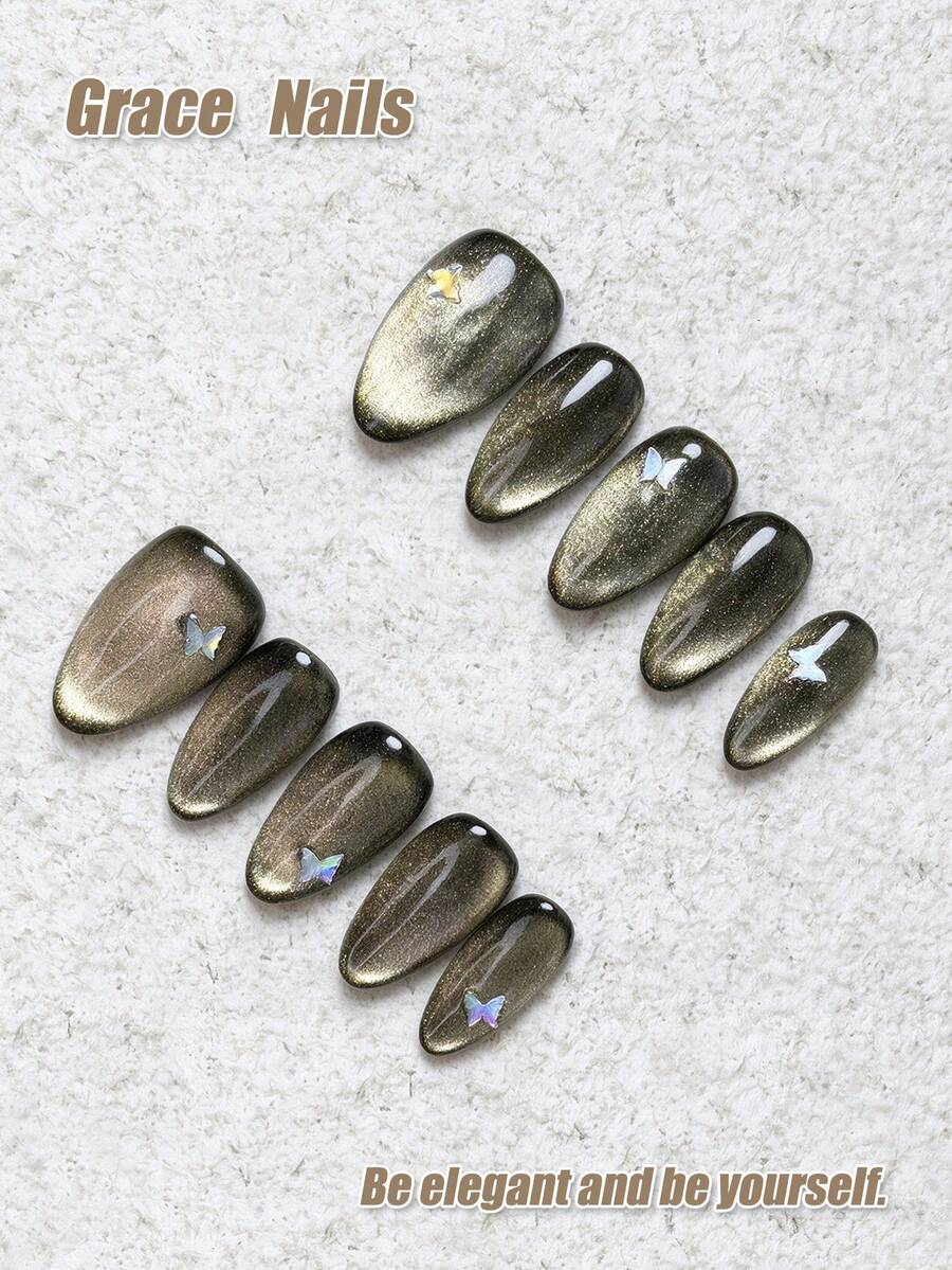 10pcs Handmade Press-On Nails, Premium Wear Experience, Multiple Sizes Available, Almond Shape, Dark Gold Luxury Style, Iridescent Butterfly Pattern, Gradient Cat Eye Design, Skin-Brightening Vibe, Suitable For Autumn/Winter, Christmas, New Year, Party, Holiday, Daily Commute, Dating, Removable Fake Nails For Women, Fall Nails - Rust Brown - View 1