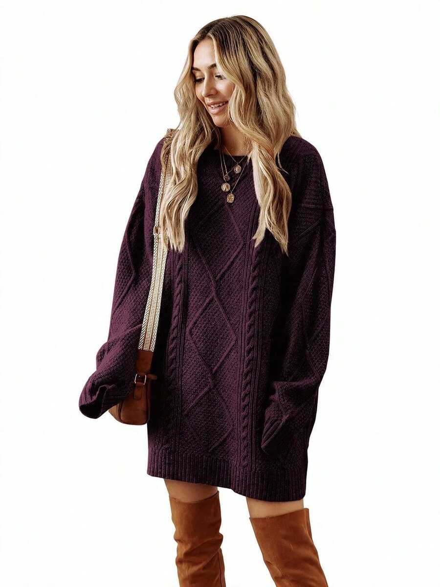 Acelitt Autumn/Winter Women's Burgundy Solid Color Knitted Textured Pattern Dropped Shoulder Oversized Sweater Dress, Order One Size Down Casual Fall