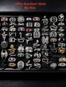 10/20pcs/Set Vintage Punk Gothic Style Unisex Rings, Big Eye Heart Shape Design, Holiday Party Gift, Friend Gift, Daily Wear Accessory - Open Retro Punk Ring - View 10