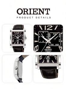 Men's ORIENT Square Automatic Mechanical Watch, Crocodile Embossed Black Leather Strap, Pure Black Dial, Day & Date Display, Suitable For Business And Formal Occasions - Black - View 6