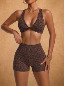 2pcs Leopard Print Twisted Cross Bra & Shorts Sports Set - Coffee Brown - View 4