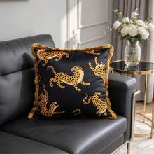 1pc Black Leopard Print Tassel Pillowcase, Vintage Animal Pattern Cushion Cover, Sofa Throw Pillowcase, Luxury Home Decor, Rustic Living Room Sofa Soft Furnishing Ornament, Pillow Insert Not Included - Khaki - View 4