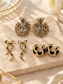 3Pairs Gold Leopard Print Earrings Set, Statement Sunburst Studs, Bow Drop Dangle & Black Enamel Hoop Earrings, Elegant Jewelry Gift For Women - Multicolor - View 2