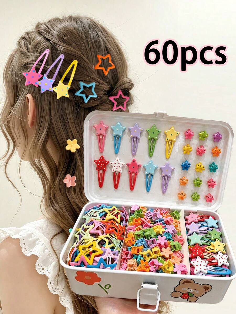 60/30Pcs Girls Hair Accessories Set, Star BB Clips & Mini Flower Hair Clips, Cute Hair Barrettes For Girls Daily Wear, Gift For Girls - Multicolor - View 1