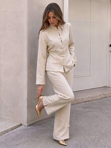 Women's Apricot 2 Pieces Set Non-Stretch Stand Collar Frog Button Long Sleeve Top & Wide Leg Pants Casual Outfit - Apricot - View 3