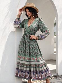 Rusttydustty Women's Vacation Style Elegant Garden Floral V-Neck Long Sleeve Dress - Green - View 2