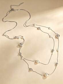 Multilayer Long Pearl Beaded Necklace, Minimalist Layered Statement Neck Jewelry For Women Daily Vacation Outfit - Necklace - View 6