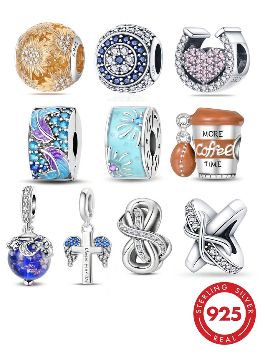 1pc S925 Sterling Silver Creative Theme Beads, Original Coffee Cup, Star, Moon And Cross Design. This Rhinestone Enamel Pendant Is Suitable For Bracelets And Necklaces, A Versatile Accessory That Can Be Used To Create Unique Personalized Jewelry, Showcase Your Personal Style, And Meet DIY And Daily Wear Needs. - Multicolor - View 1