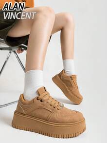 Alan Vincent [Thick Sole Series] Low-Top Lace-Up Shoes, Thick Sole Casual Sneakers, Comfortable & Fashionable, 4.5cm Height Increase, Suitable For Petite Women - Brown - View 1