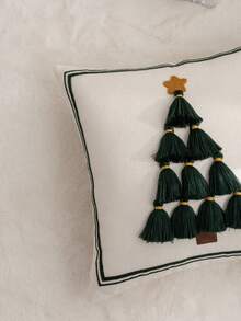 1pc Christmas Green Tassel Christmas Tree Embroidered Pillow Case, Suitable For Indoor Decoration, Christmas Decoration, All-Season Pillow Case, Without Insert - Green - View 8