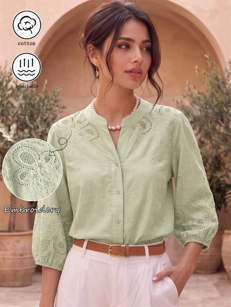 Blusa para mujer de primavera, verano y otoño, estilo vintage, elegante, casual, minimalista y bohemio, con diseño bordado, fina, semitransparente, cuello en V, bordado calado sin posición, de algodón, top versátil para ir a trabajar, vacaciones, días festivos y salidas diarias - Verde - Ver 1