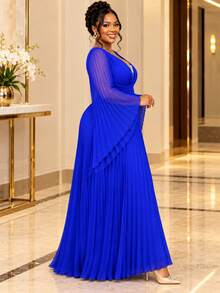 Plus Size Royal Blue Pleated Chiffon Maxi Dress Deep V Neck Rhinestone Sheer Flare Long Sleeve A Line ELegant Formal Evening Wedding Guest Party Gown - Royal Blue - View 5
