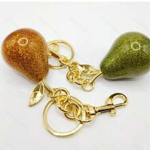 1pc Glitter 3D Pear Keychain, Fresh Realistic Fruit Pear Shaped Pendant, Gold Leaf Chain Design, Cute Girly Bag Charm Accessory - Multicolor - View 1