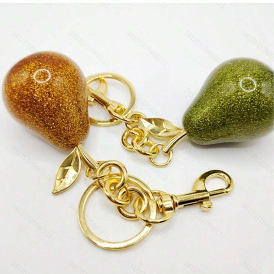 1pc Glitter 3D Pear Keychain, Fresh Realistic Fruit Pear Shaped Pendant, Gold Leaf Chain Design, Cute Girly Bag Charm Accessory - Multicolor - View 1