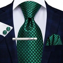 4Pcs Men Formal Suit Accessory Kit, Green Plaid Tie, Pocket Square, Cufflinks & Tie Clip, Random Cufflink Design - Green - View 2