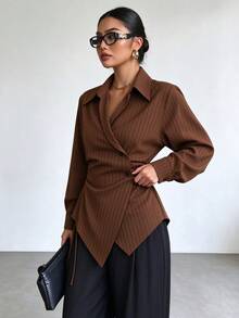 Plus Size Women's Spring/Autumn Casual Commute Minimalist Striped Print Wrap Front Button Asymmetrical Hem Shirt - Coffee Brown - View 3