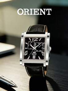 Men's ORIENT Square Automatic Mechanical Watch, Crocodile Embossed Black Leather Strap, Pure Black Dial, Day & Date Display, Suitable For Business And Formal Occasions - Black - View 1