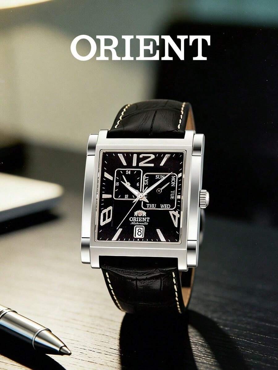 Men's ORIENT Square Automatic Mechanical Watch, Crocodile Embossed Black Leather Strap, Pure Black Dial, Day & Date Display, Suitable For Business And Formal Occasions - Black - View 1