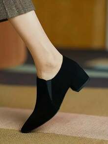 Women's Pointed Toe Low-Cut Suede High Heels, New Chunky Heel Fairy Style Fashion PU Material Versatile High Heels - Black - View 4
